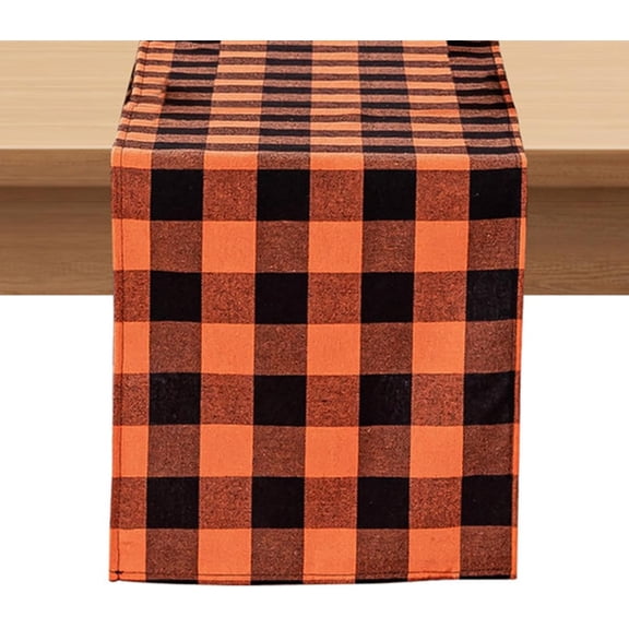 mubwai Fall Checkered Table Runner - Orange Buffalo Plaid Halloween Thanksgiving Stain Resistant Washable Table Decoration for Dining/Parties/Holiday Decor, 13 x 36 Inch