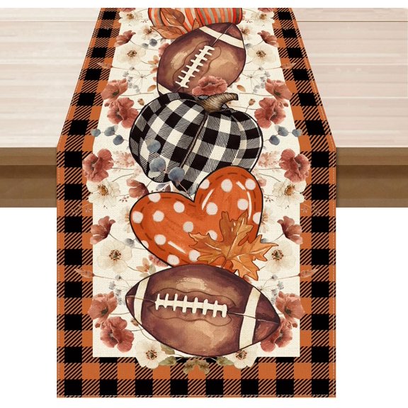mubwai Fall Football Pumpkin Love Heart Flowers Plaid Table Runner Table Decoration for Kitchen Dining Dinner Autumn Home Decor 13x36 Inch