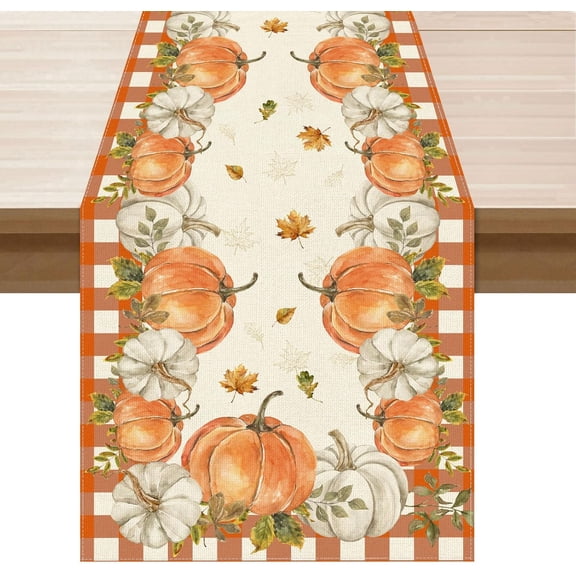 mubwai Fall Pumpkin Plaid Table Runner Table Decoration for Kitchen Dining Dinner Autumn Home Decor 13x48 Inch
