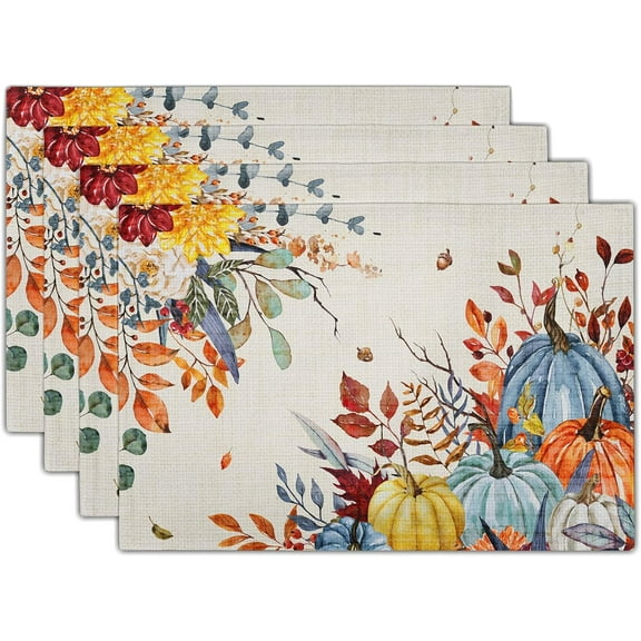 mubwai Fall Thanksgiving Placemats Set of 4 Watercolor Autumn Pumpkins Floral Linen Table Mats 12x18 Inch Washable Heat Resistance for Kitchen Dining Farmhouse Holiday Decor