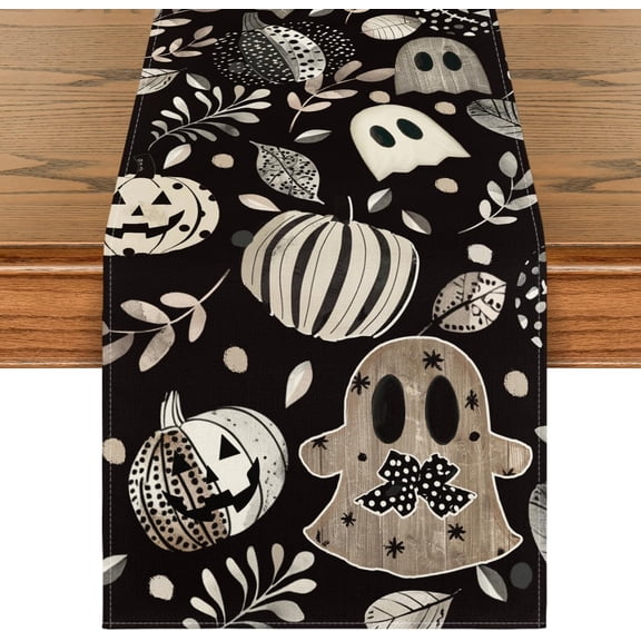 mubwai Ghost Pumpkin Leaves Eucalyptus 210 GSM Halloween Table Runner,Seasonal Fall Kitchen Dining Table Decoration for Home Party Decor 13x120 Inch
