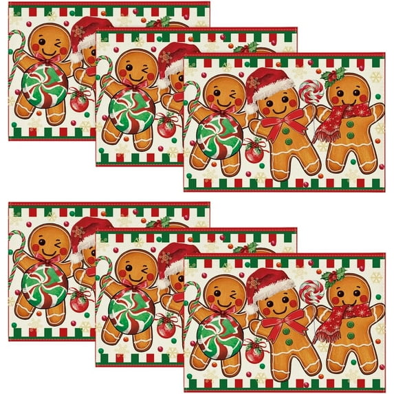 mubwai Gingerbread Candy Cane Christmas Placemats Set of 6, 12x18 Inch Seasonal Table Mats for Party Kitchen Dining Decoration