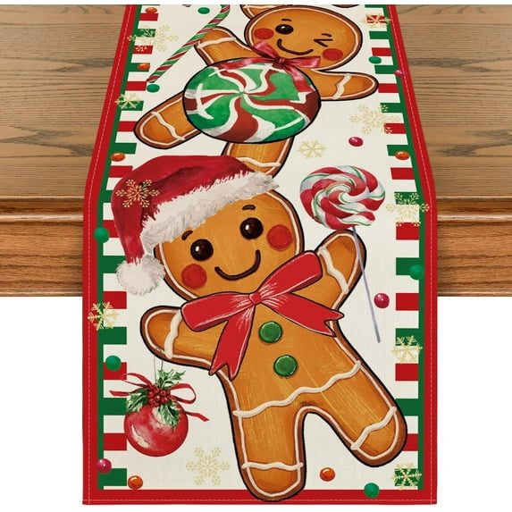 mubwai Gingerbread Candy Cane Christmas Table Runner, Seasonal Winter Kitchen Dining Table Decoration for Home Party Decor 13x48 Inch
