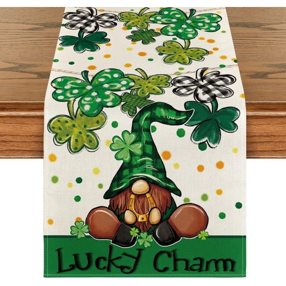 mubwai Gnome Lucky Charm Shamrocks St. Patrick''s Day Table Runner, Seasonal Kitchen Dining Table Decoration for Home Party Decor 13x36 Inch
