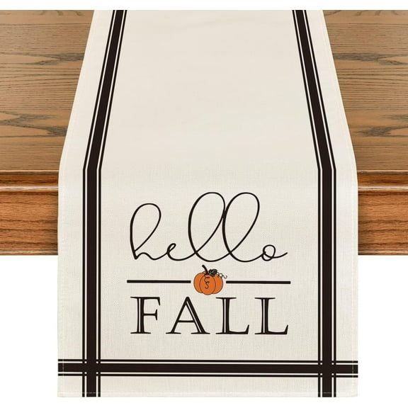 mubwai Hello Fall Stripes Pumpkin Autumn Table Runner, Seasonal Fall Kitchen Dining Table Decoration for Home Party Decor 13x120 Inch