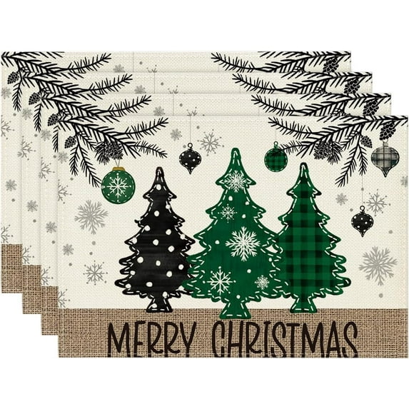 mubwai Hreen Pine Trees Balls Merry Christmas Placemats Set of 4, 12x18 Inch Winter Xmas Table Mats for Party Kitchen Dining Decoration
