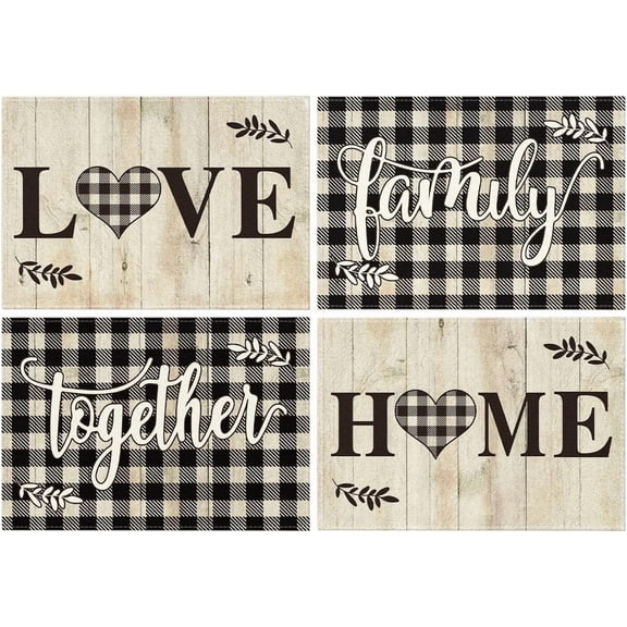 mubwai Love Family Home Together Buffalo Plaid Placemats Set of 4, 12x18 Inch Farmhouse Table Mats Party Kitchen Dining Decoration