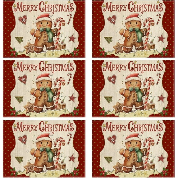 mubwai Merry Christmas Gingerbread Man Winter Xmas Placemats Set of 6 Table Mats for Party Home Kitchen Dining Table Decorations 12x18 Inch