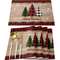mubwai Merry Christmas Placemats Set of 6,Cotton Linen Table Mats Non-Slip Washable Buffalo Plaid Farm Xmas Tree Snowflake Pine Tree Placemat for Holiday Party Dining Kitchen Table Decor