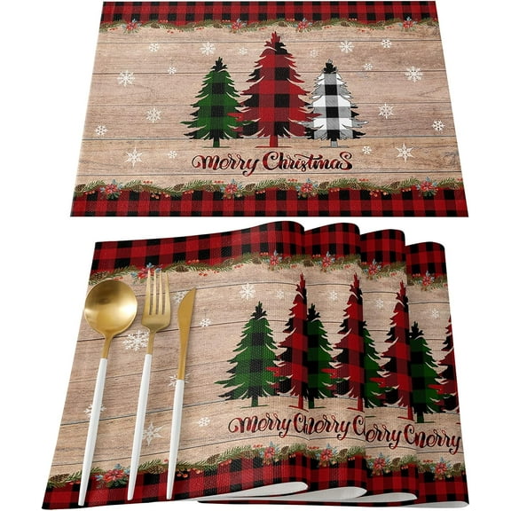 mubwai Merry Christmas Placemats Set of 6,Cotton Linen Table Mats Non-Slip Washable Buffalo Plaid Farm Xmas Tree Snowflake Pine Tree Placemat for Holiday Party Dining Kitchen Table Decor
