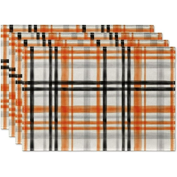 mubwai Orange Black Buffalo Plaid Fall Placemats Set of 4, 12x18 Inch Halloween Seasonal Table Mats for Party Kitchen Dining Decoration