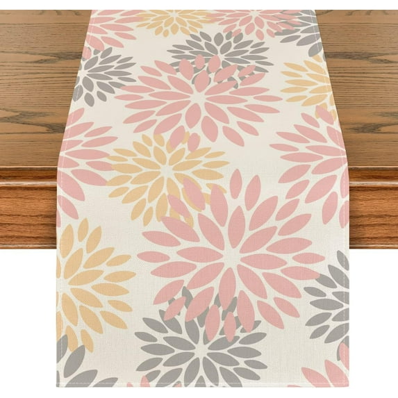 mubwai Pink Dahlia Floral Pinnata Summer Table Runner, Spring Kitchen Dining Table Decoration for Home Party Decor 13x36 Inch