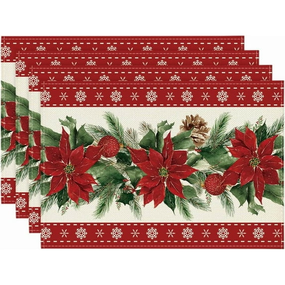 mubwai Poinsettia Pine Cone Christmas Placemats Set of 4, 12x18 Inch Seasonal Winter Holiday Table Mats for Party Dining Decoration