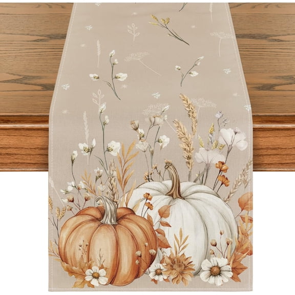 mubwai Pumpkins Leaves Flowers 210 GSM Fall Table Runner, Seasonal Autumn Kitchen Dining Table Decoration for Home Party Decor 13x72 Inch