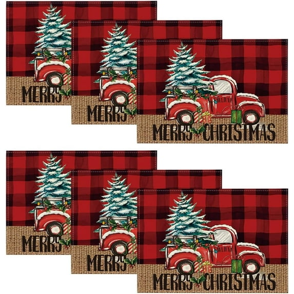 mubwai Red and Black Buffalo Plaid Truck Merry Christmas Placemats Set of 6, 12x18 Inch Xmas Tree Winter Table Mats for Party Kitchen Dining Decoration