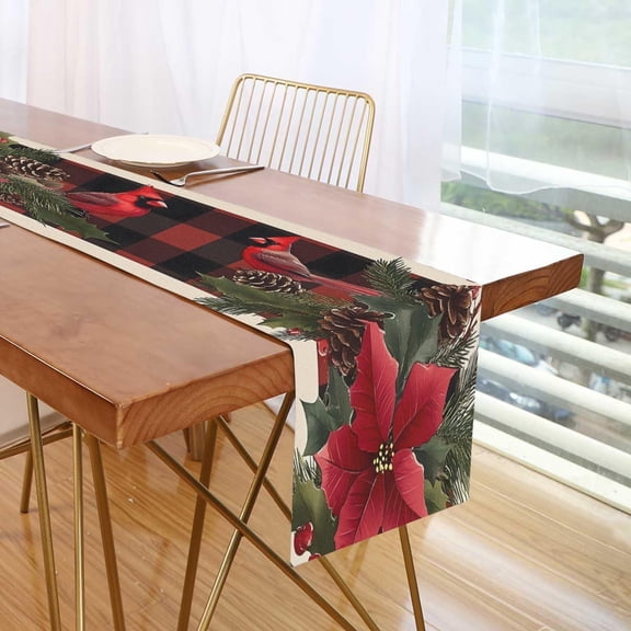 mubwai Red Black Checkered Cardinal Poinsettia Wood Table Runner, Table Runners Polyester Cotton for Party Event Festival Decoration