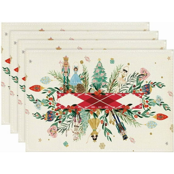 mubwai Red Nutcracker Floral Holly Christmas Placemats Set of 4, 12x18 Inch Seasonal Winter Table Mats for Party Kitchen Dining Decoration