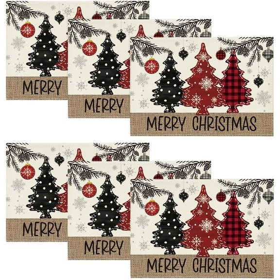 mubwai Red Pine Trees Balls Merry Christmas Placemats Set of 6, 12x18 Inch Winter Xmas Table Mats for Party Kitchen Dining Decoration