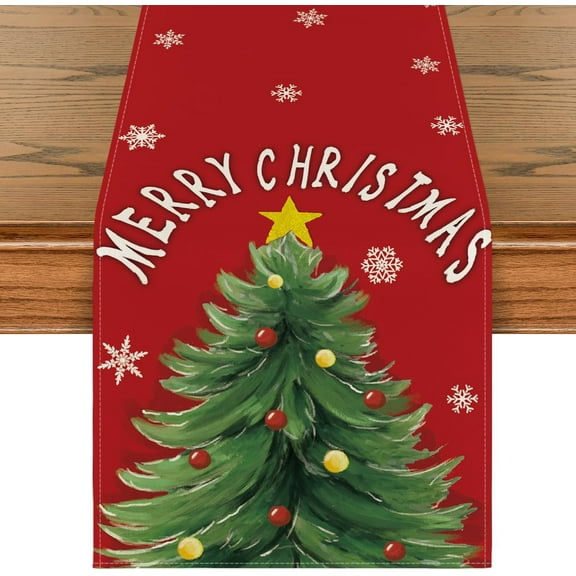 mubwai Red Xmas Pine Snowflake Merry Christmas Table Runner, Seasonal Winter Kitchen Dining Table Decoration for Home Party Decor 13x72 Inch