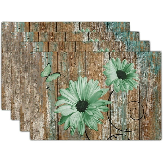 mubwai Rustic Daisy Placemats Set of 4- Green Sunflowers on Vintage Wood Board Linen Place Mat- Farmhouse Wooden Non Slip Heat Resistant Table Mats for Dining Kitchen Cabin Lodge Decor