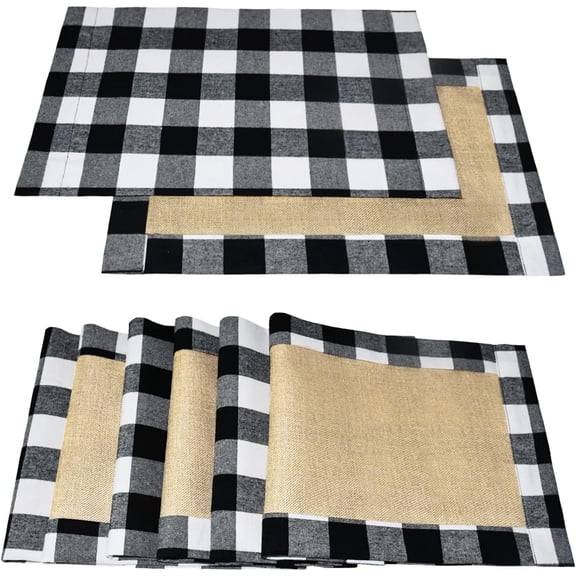 mubwai Set of 6 Christmas Placemats Buffalo Check Placemats Black White Plaid Reversible Burlap & Cotton Place mat for Christmas Holiday Table Home Decoration
