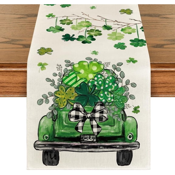 mubwai Truck Shamrock Eucalyptus St. Patrick''s Day Table Runner, Seasonal Spring Kitchen Dining Table Decoration for Home Party Decor 13x48 Inch