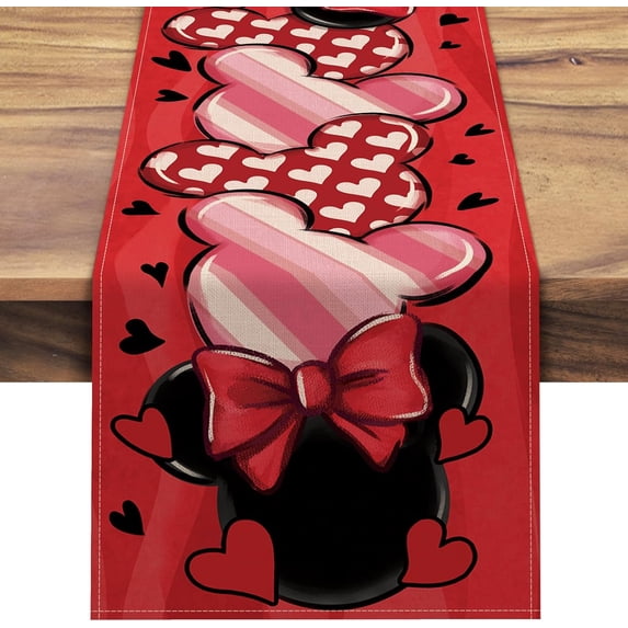 mubwai Valentine''s Day Red Table Runner, Black White Love Heart Pink Stripes Polka Dots Kitchen Dining Table Decor, Wedding Anniversary Home Decoration Indoor Outdoor Party Supply 13 x 36 Inches
