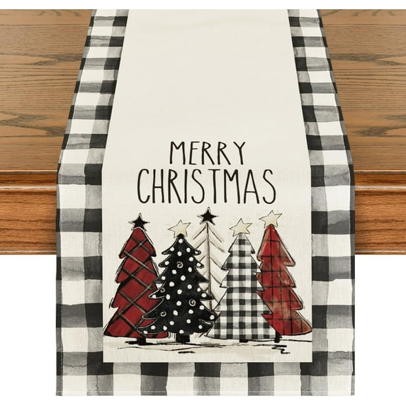 mubwai Waterclor Buffalo Plaid Christmas Trees Merry Xmas Table Runner, Seasonal Winter Holiday Kitchen Dining Table Decoration for Indoor Outdoor Home Party Decor 13 x 120 Inch