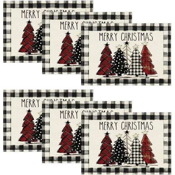mubwai Waterclor Buffalo Plaid Christmas Trees Placemats Set of 6, 12x18 Inch Winter Table Mats for Outdoor Home Party Kitchen Dining Decor