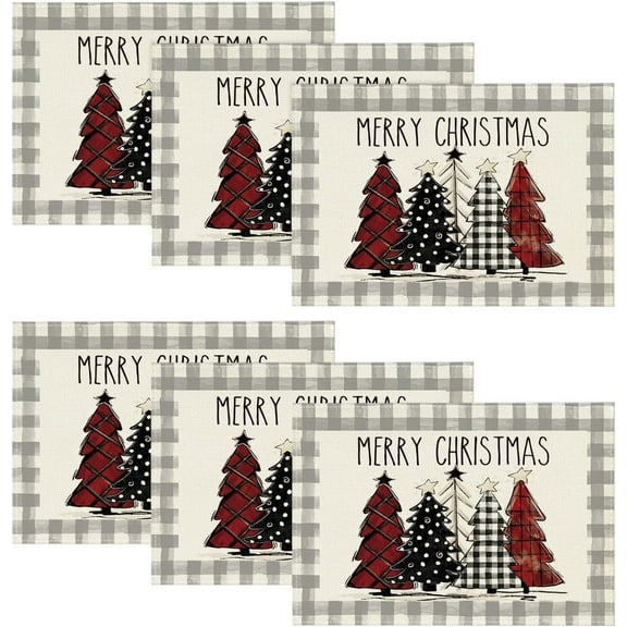 mubwai Watercolor Grey Buffalo Plaid Christmas Trees Placemats Set of 6, 12x18 Inch Winter Table Mats for Party Kitchen Dining Decoration