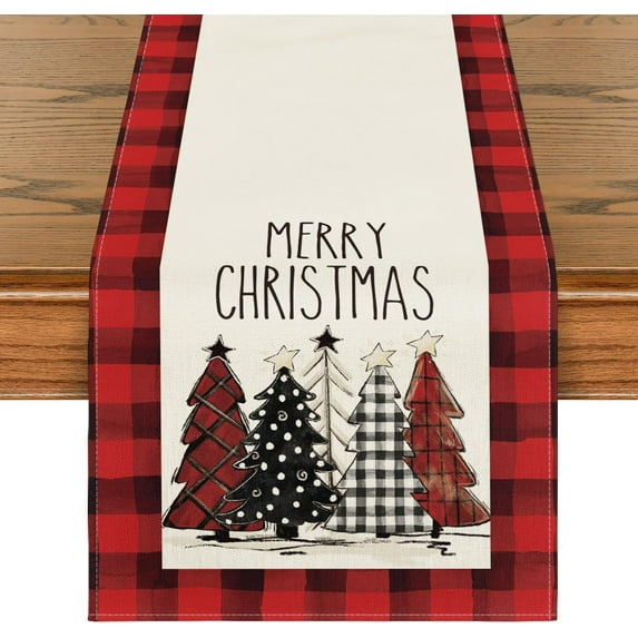mubwai Watercolor Red and Black Buffalo Plaid Christmas Trees Merry Xmas Table Runner, Seasonal Winter Holiday Kitchen Dining Table Decoration for Indoor Outdoor Home Party Decor 13 x 48 Inch