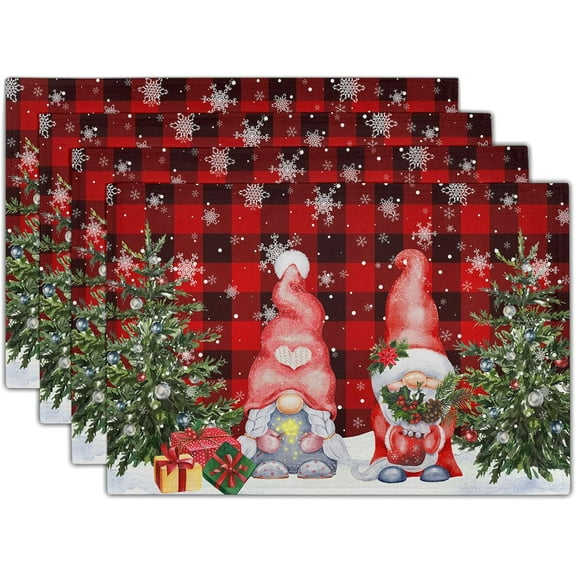 mubwai Winter Gnomes Placemats Set of 4, Christmas Snowflakes Xmas Trees Linen Table Mats, Red Black Buffalo Plaids Non-Slip Place Mats for Kitchen Dining Holiday Decor, 12x18 Inch
