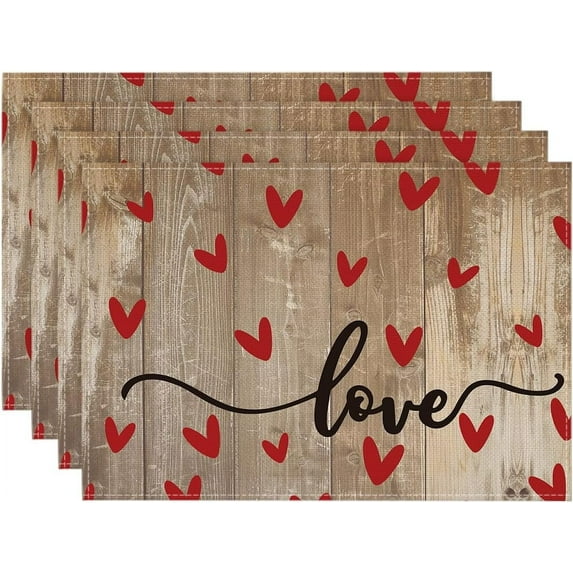 mubwai Wood Love Hearts Valentine Placemats Set of 4, 12x18 Inch Seasonal Anniversary Holiday Table Mats for Party Kitchen Dining Decoration