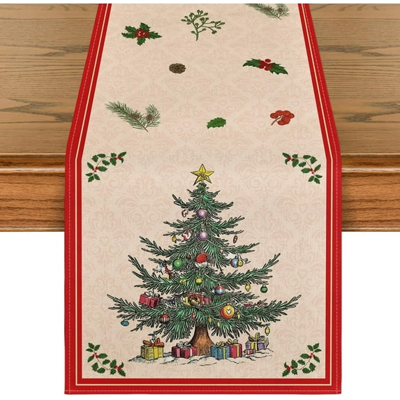 mubwai Xmas Tree Gift 210 GSM Christmas Table Runner, Red Seasonal Winter Kitchen Dining Table Decoration for Home Party Decor 13x72 Inch