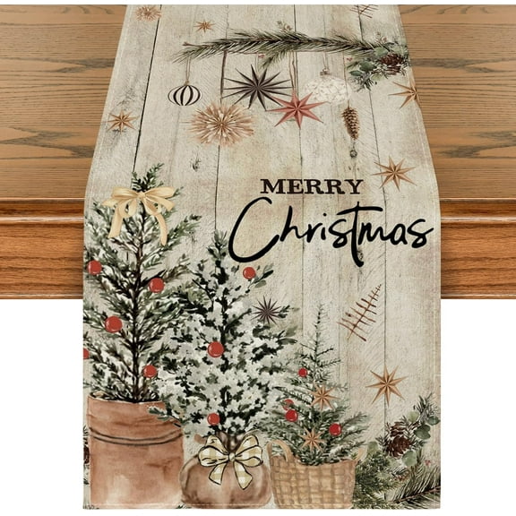 mubwai Xmas Trees Holly Pine Cone Christmas Table Runner, Seasonal Winter Wood Kitchen Dining Table Decoration for Home Party Decor 13x72 Inch