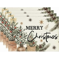 mubwai Xmas Trees Holly Pine Cone Merry Christmas Placemats Set of 4, 12x18 Inch Seasonal Winter Holiday Table Mats for Party Kitchen Dining Decoration