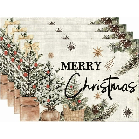 mubwai Xmas Trees Holly Pine Cone Merry Christmas Placemats Set of 4, 12x18 Inch Seasonal Winter Holiday Table Mats for Party Kitchen Dining Decoration