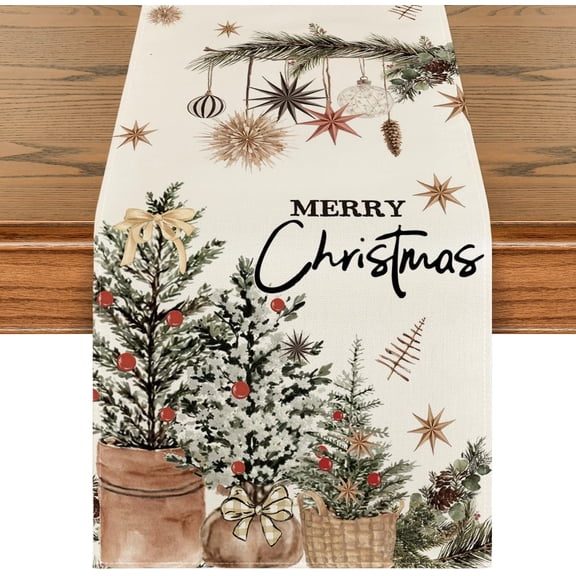 mubwai Xmas Trees Holly Pine Cone Merry Christmas Table Runner, Seasonal Winter Kitchen Dining Table Decoration for Home Party Decor 13x48 Inch