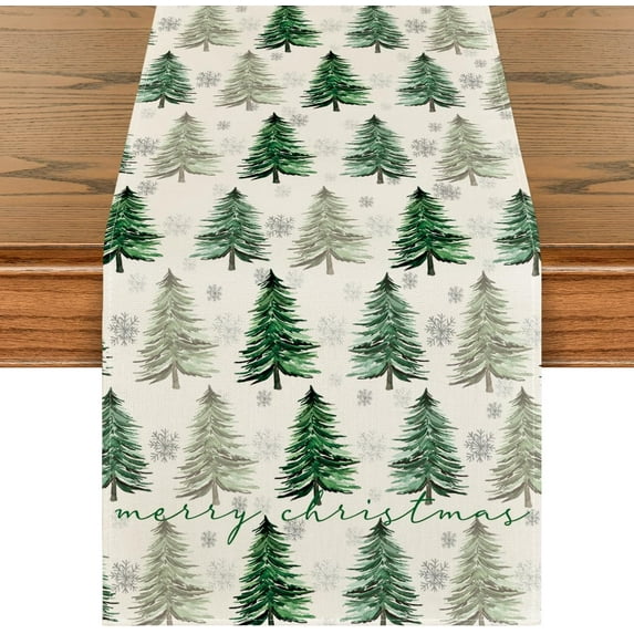 mubwai Xmas Trees Snowflake Christmas Table Runner, Seasonal Winter Green Kitchen Dining Table Decoration for Home Party Decor 13x72 Inch