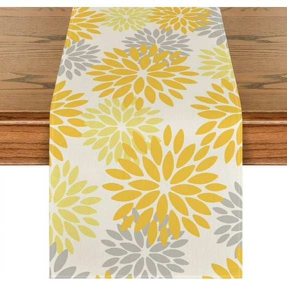 mubwai Yellow Dahlia Floral Pinnata Summer Table Runner, Seasonal Spring Holiday Kitchen Dining Table Decoration for Home Party Decor 13x72 Inch
