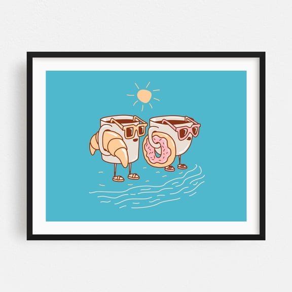mugs on the beach - Illustration Humor Coffee Breakfast Whimsical Summer Pop Art Black Framed Wall Art Print 8 x 10 inches