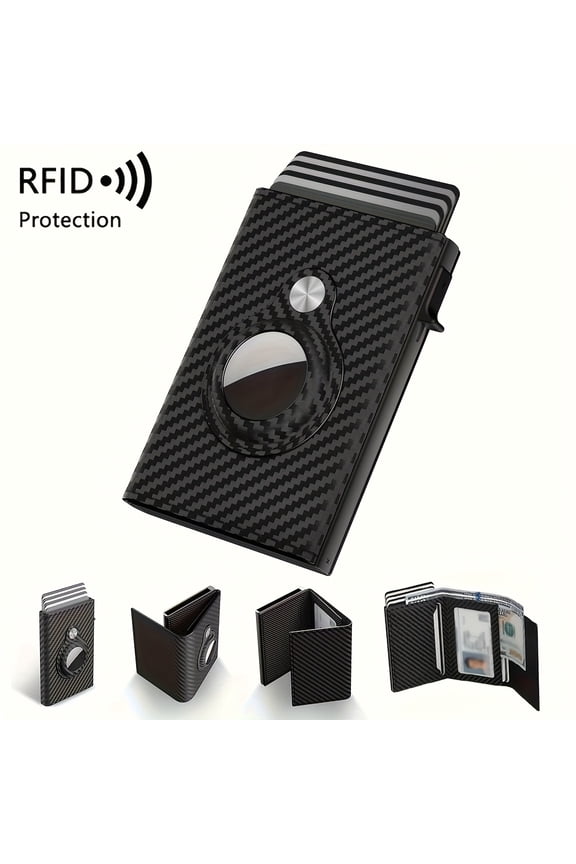 This multi-functional smart pop-up wallet features a tri-fold card holder,a minimalist front pocket,a bill clip,a carbon fiber texture, ample card storage space,and slots for ID cards and cash.