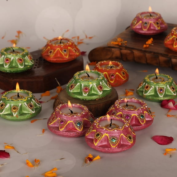 Wax Filled Diyas Multicolor Clay Diyas for Diwali Decorations for Home Handpainted Terracotta Earthen Diya Set Indian Pooja Items Deepawali Decor