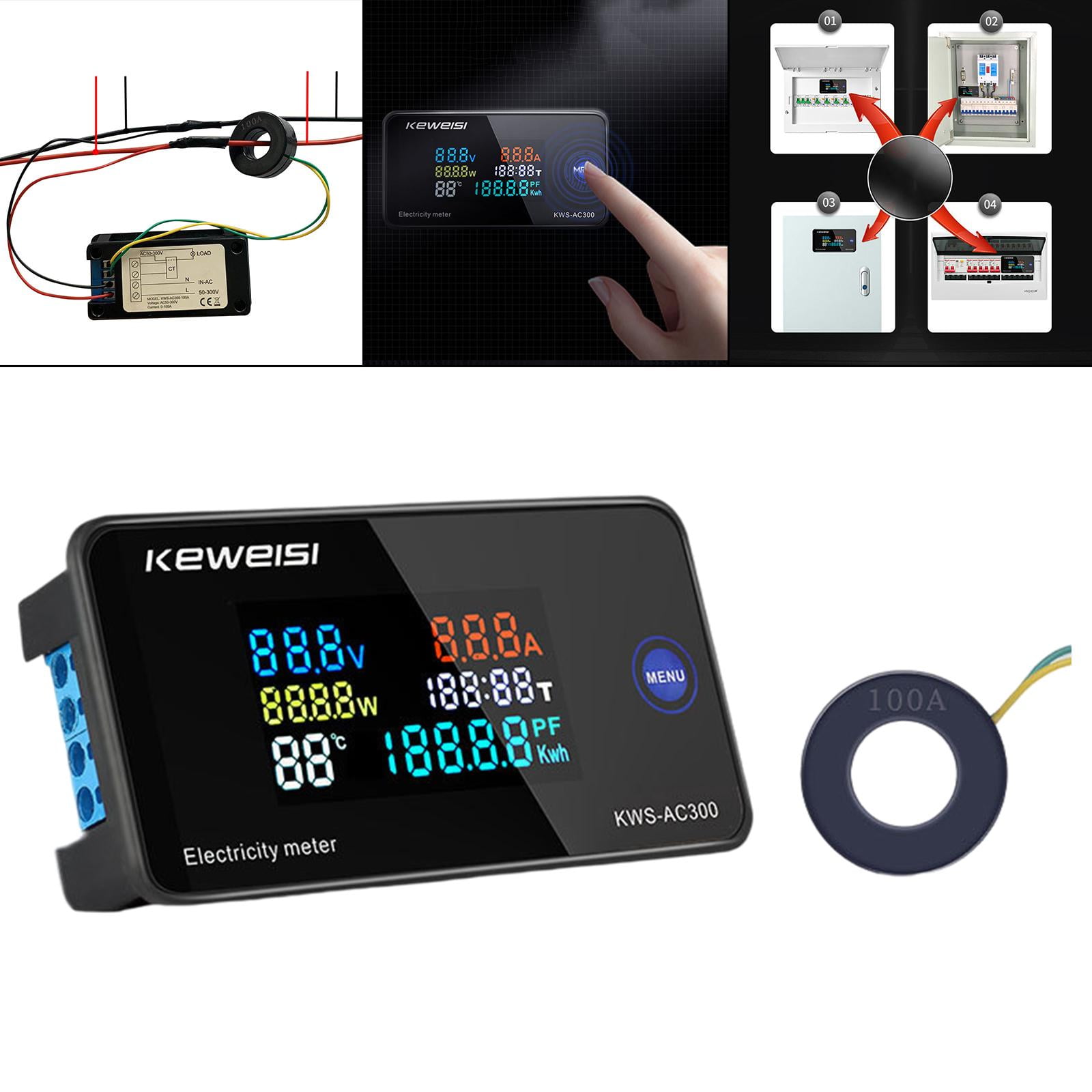 multifunctional 100A Electricity Meter with Display Digital Ampermeter Power Voltmeter Ammeter Watt Temperature Multimeter Usage Monitor closed