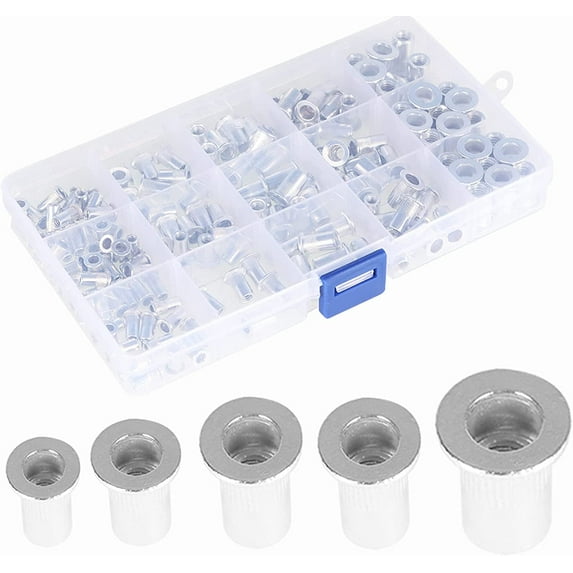 munirater 150Pcs Rivet Nuts SAE Rivet Nut Assortment Kit Aluminum Flat Head Threaded Insert Nutserts Assort