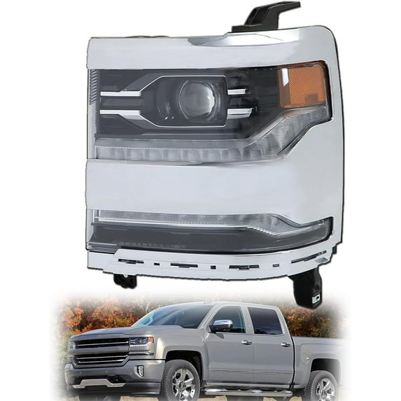 munirater Headlight Assembly Headlamp Projector LED Headlights Driver Side Clear Lens Chrome Bezel Replacement for 2016 2017 2018 Silverado 1500