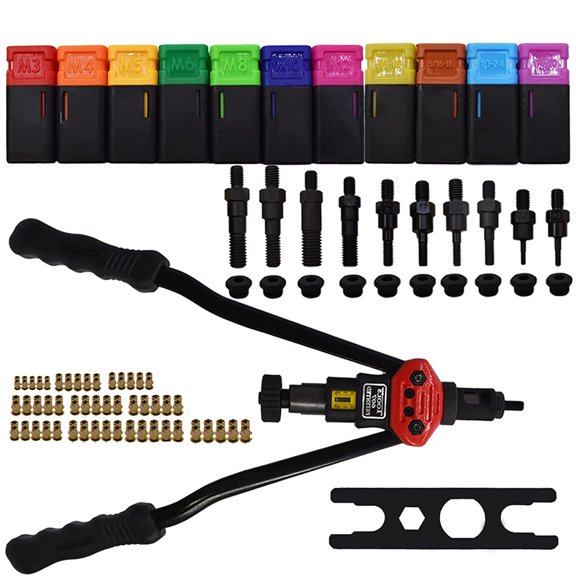 munirater Rivet Gun Kit 16Inch Hand Blind Riveter Professional Rivet Nut Setter Kit with 11PCS Metric and Mandrels (M3 M4 M5 M6 M8 M10 M12 10-24 1/4-20 5/16-18 3/8-16) 110Pcs Assorted Rivet Nuts