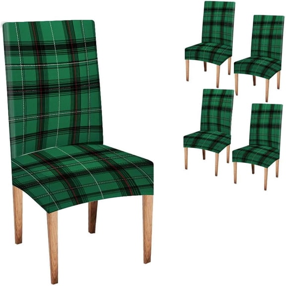 muroi Christmas Stretch Dining Chair Covers Set of 4 Buffalo Plaid Green Chair Covers Washable Spandex Slip Covers for Dining Chairs for Kitchen Hotel Banquet