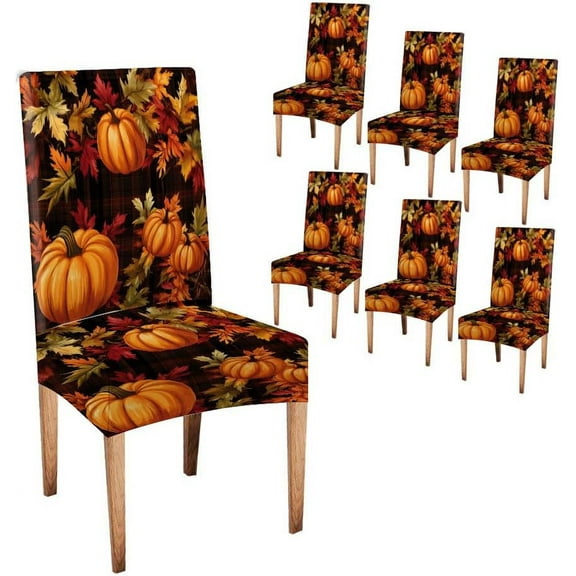 muroi Fall Chair Covers for Dining Room Set of 6 Pumpkin Leaves Spandex Stretch Autumn Dining Room Chair Cover Removable Washable Kitchen Parsons Chair Covers Seat Slipcovers