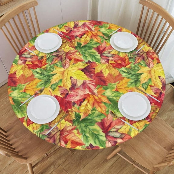 muroi Fall Round Tablecloth Dark Brown Orange Leaf Floral Thanksgiving Table Cover with Elastic Edge Autumn Washable Fitted Table Cloth for Kitchen Patry Outdoor Decor Fits 45"-50", Medium